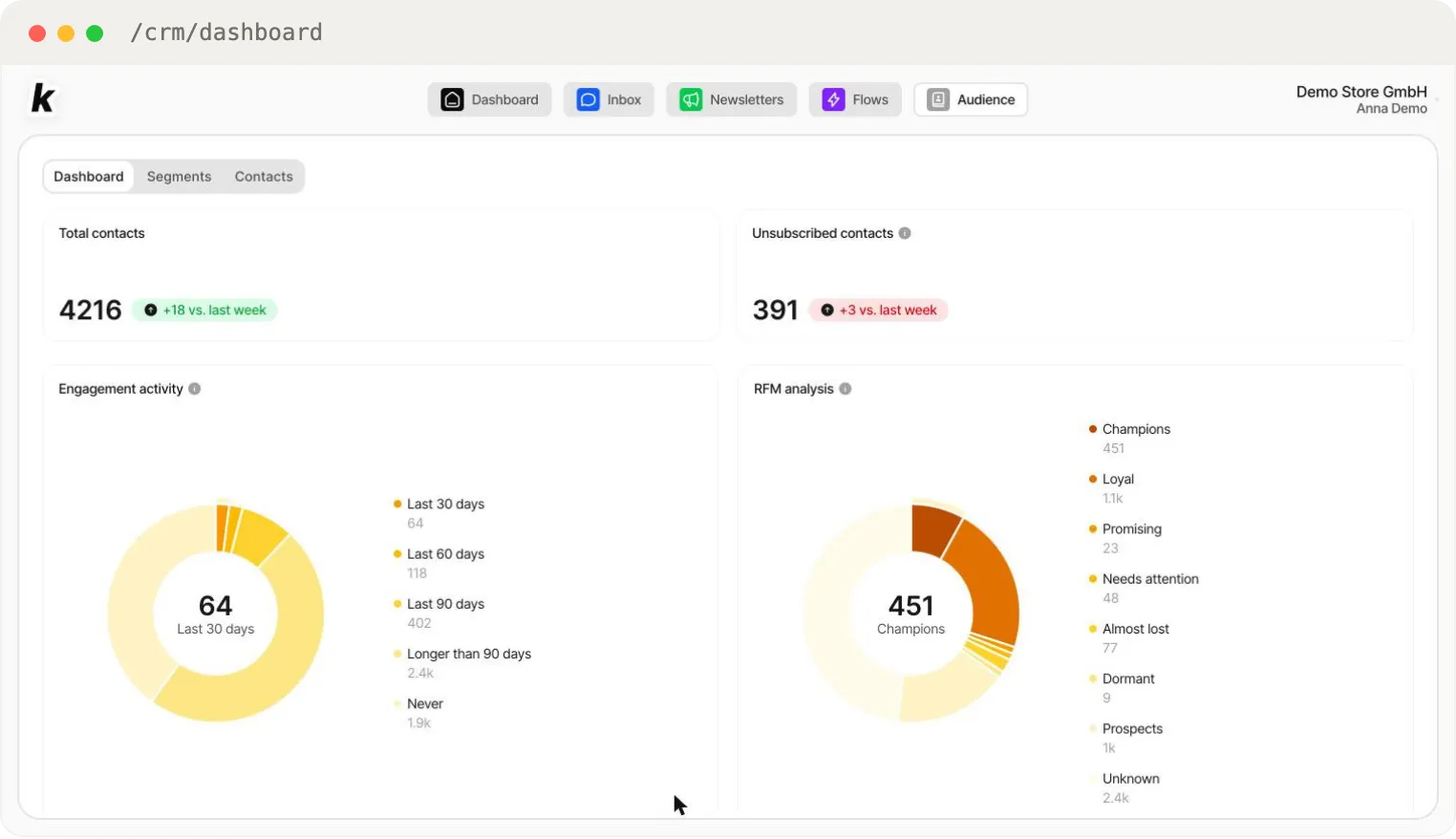 The Audience Dashboard — contact counters, engagement activity and the RFM analysis