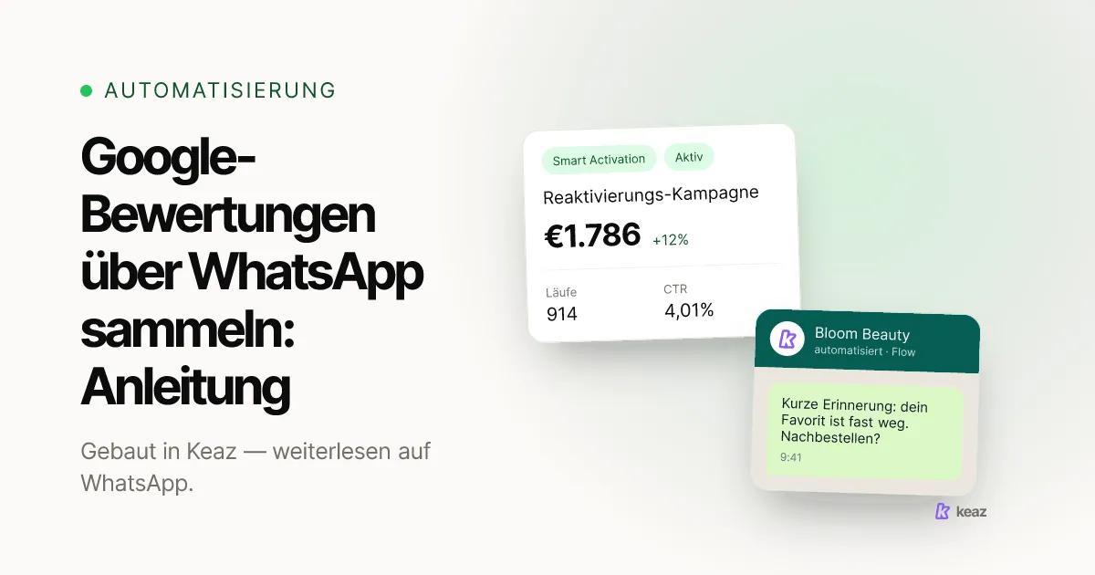 Keaz Cover: Google-Bewertungen über WhatsApp mit Ein-Klick-Bewertungslink sammeln