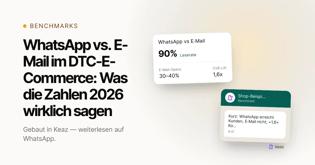 Keaz Cover: WhatsApp vs. E-Mail im DTC — 90 %+ Lese-Rate gegen 30–40 % E-Mail-Öffnungen