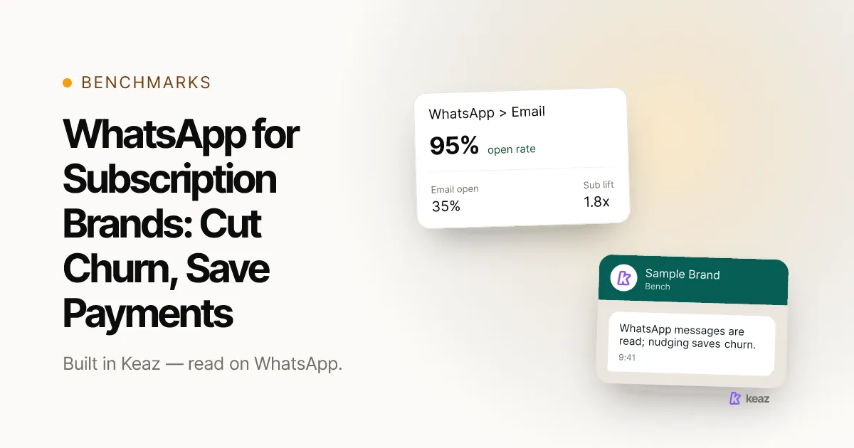 Keaz cover: WhatsApp retention flows for subscription brands — skip, swap, pause, failed-payment recovery and cancel-save
