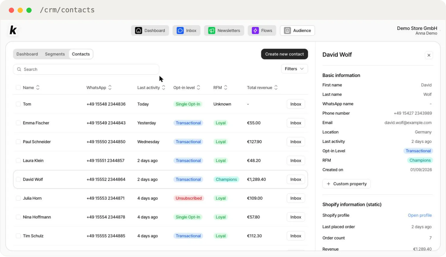 The contact card — basic information, opt-in level, RFM, labels and Shopify order data for one contact