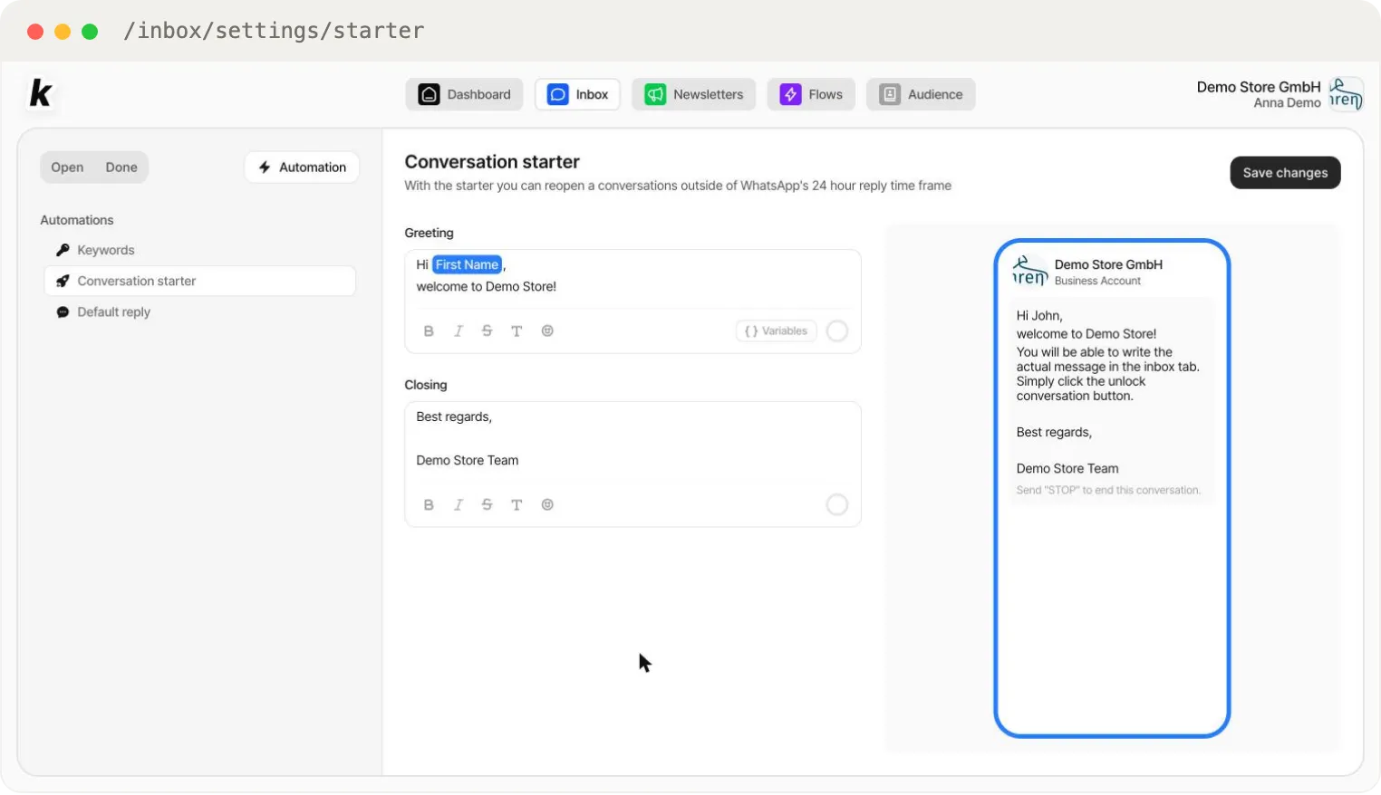 The Conversation Starter — greeting and closing editors next to the live preview with the fixed stop notice