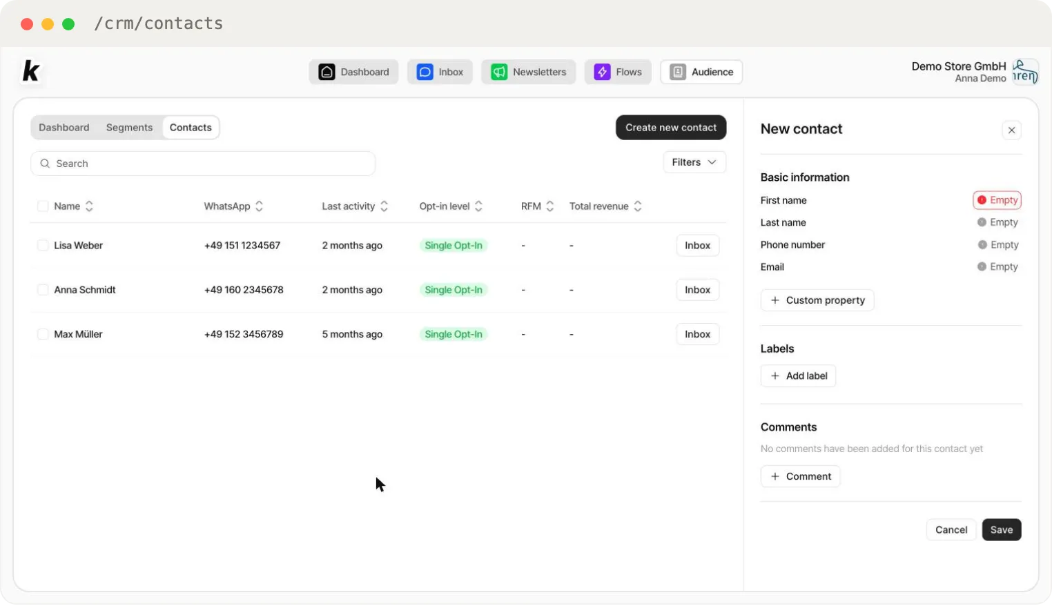 The New contact panel — basic information, labels and comments, opened via Create new contact