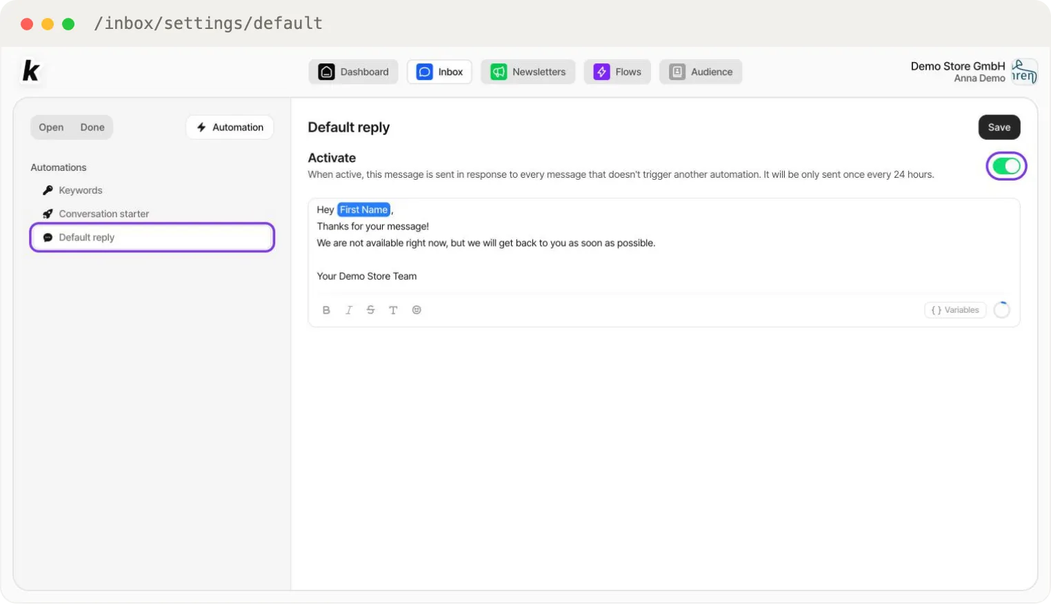The Default Reply screen — Default reply in the sidebar, Activate toggle at the top right