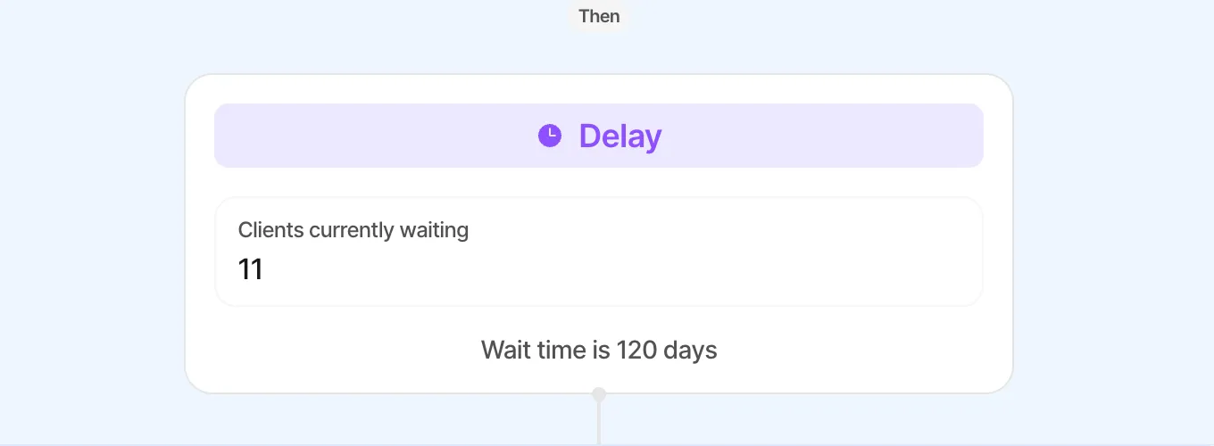 The Delay block on the canvas — purple header, live count of clients currently waiting and the configured wait time