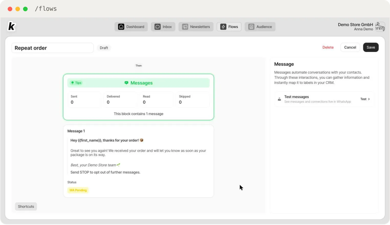The Messages block — sent/delivered/read/skipped counters and the message sequence