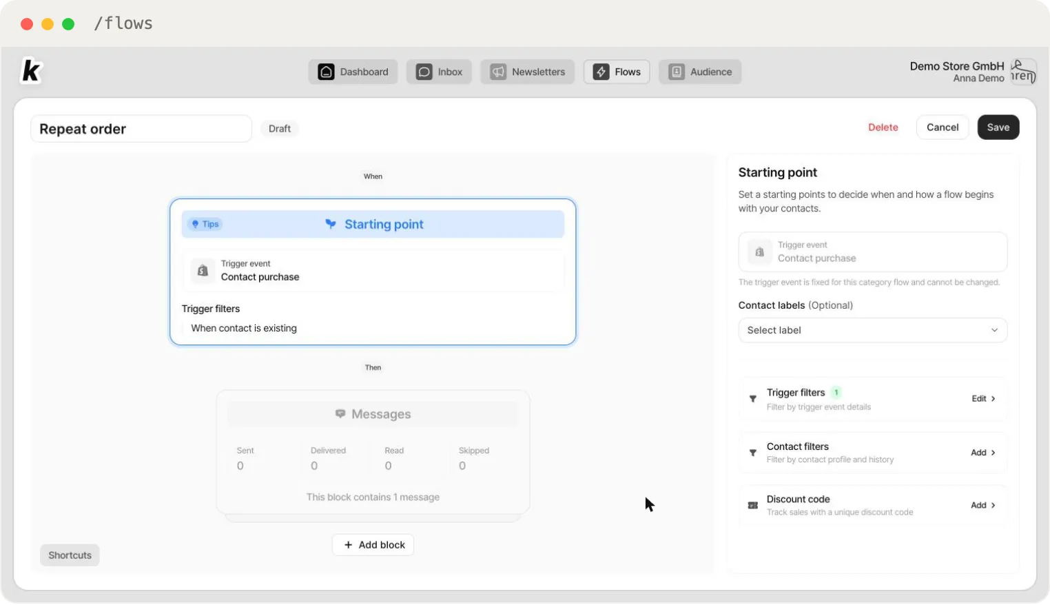 The Starting point block — trigger event, contact labels, trigger filters, contact filters and discount code