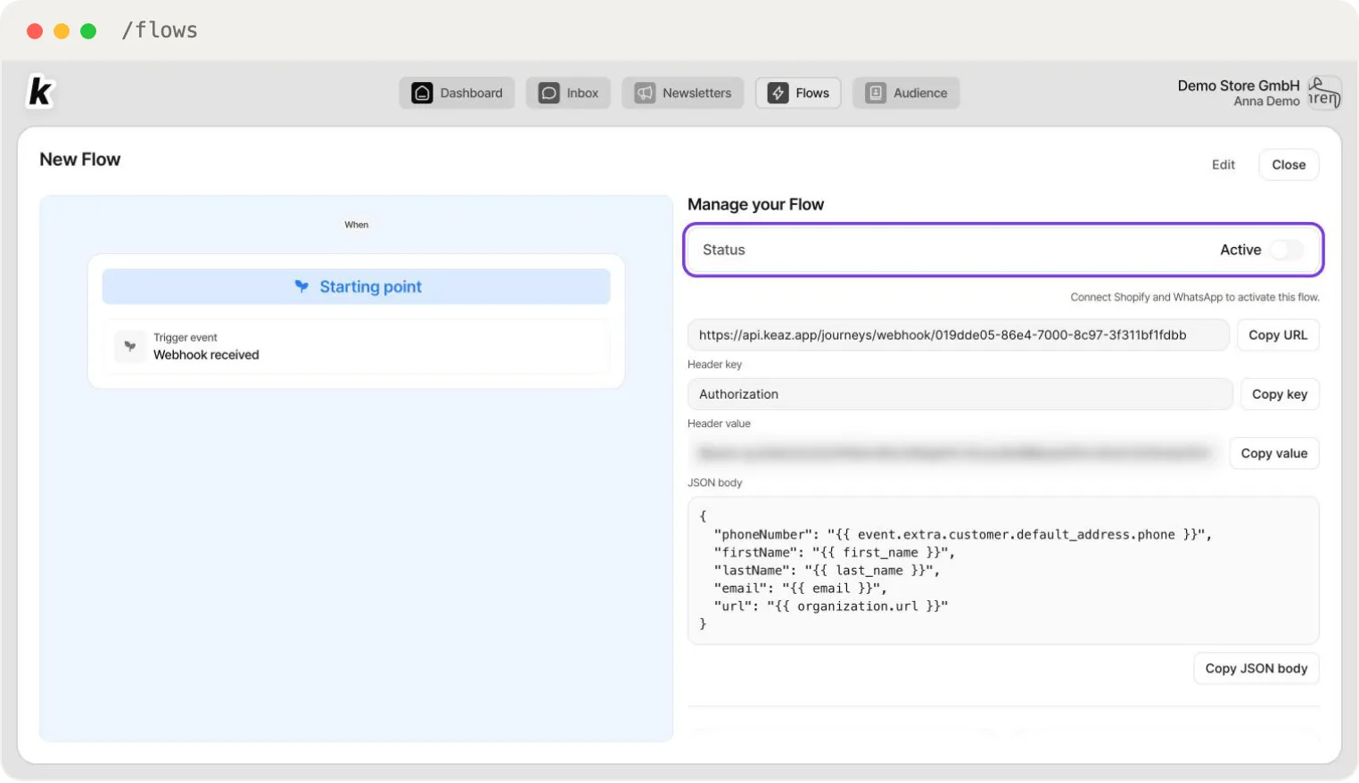 Flow detail view — the Status container under Manage your Flow switches the flow between Active and Inactive