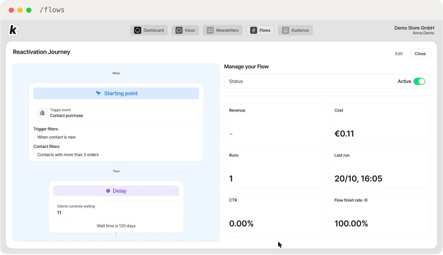 A flow's detail view — read-only preview next to Manage your Flow and the metric modules