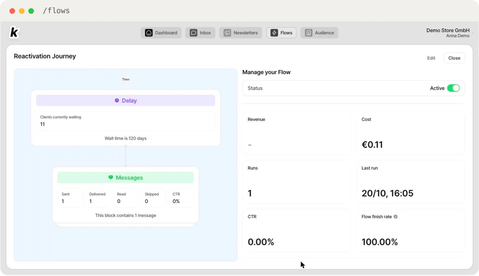 A flow on the canvas — Delay and Messages blocks connected in sequence, with live counters