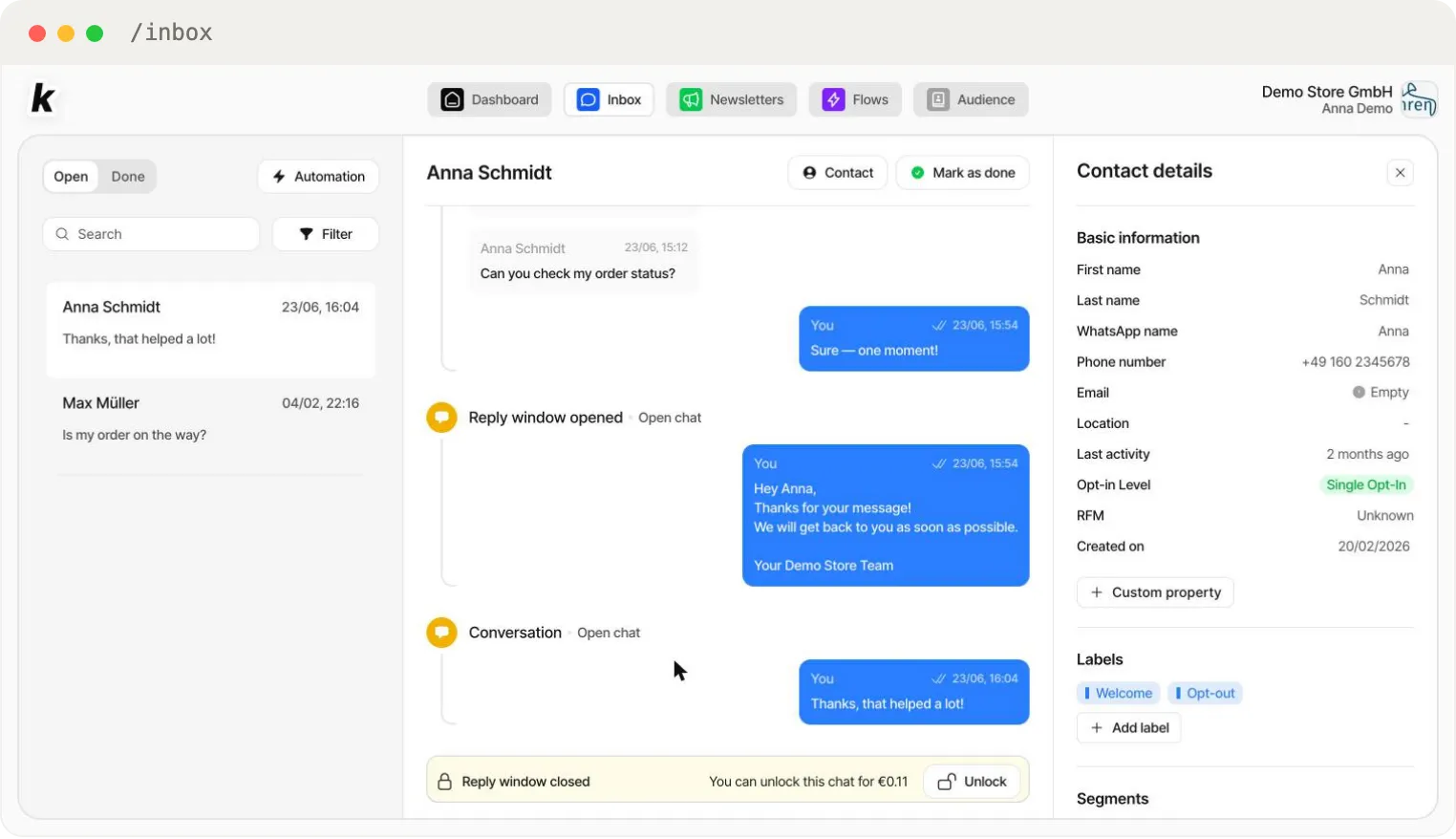 The Contact Details panel next to the open chat — contact data, opt-in level, labels and segments