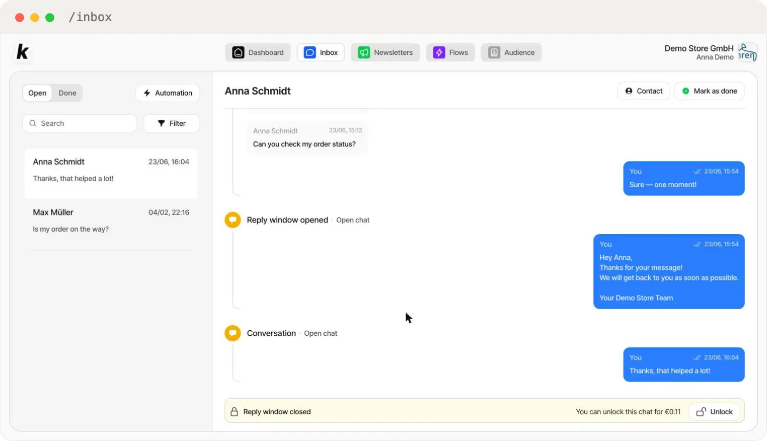 The conversation view — full history with event markers and automated messages