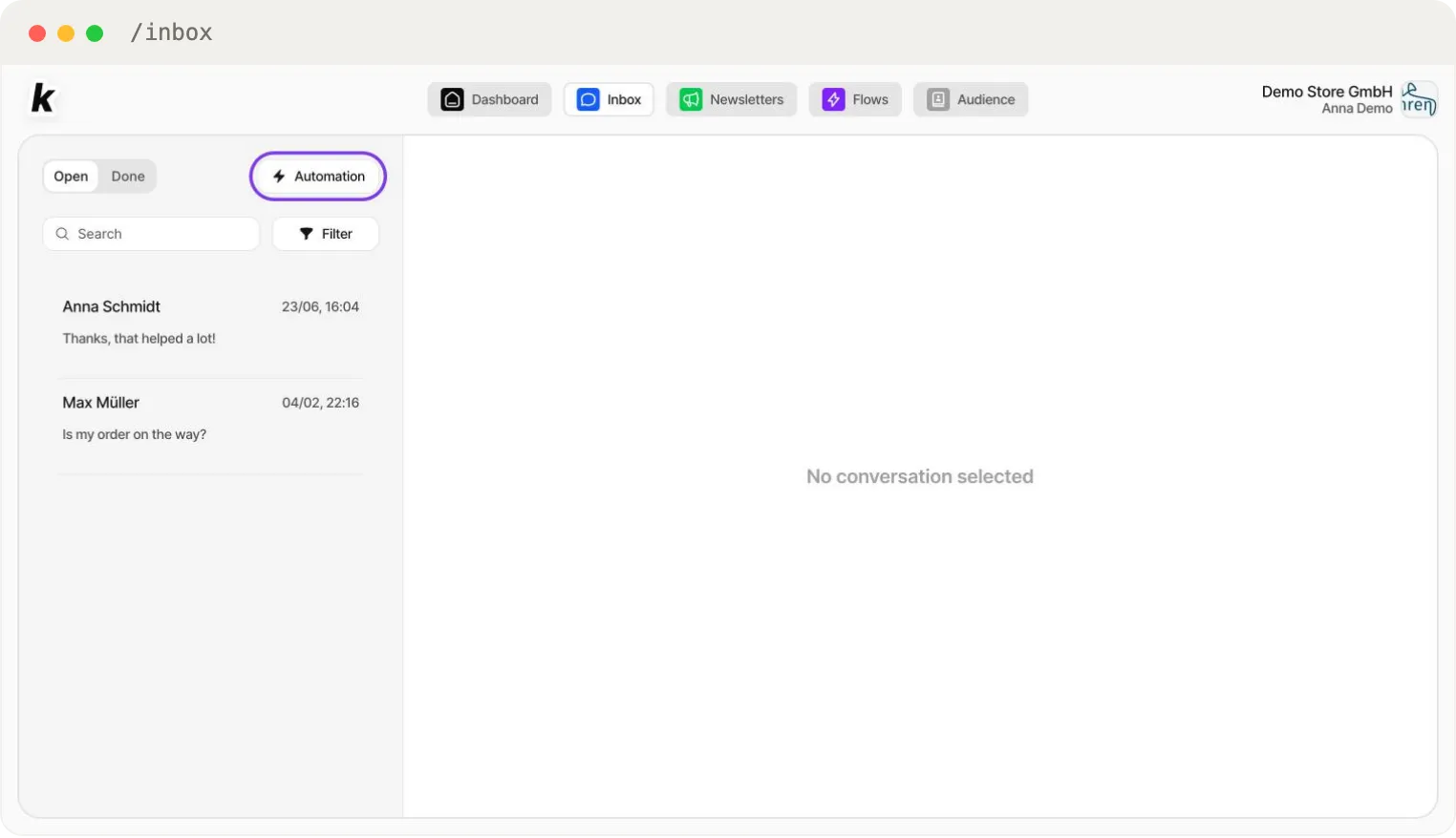 The Inbox — the Automation button at the top of the conversation list opens the automation settings