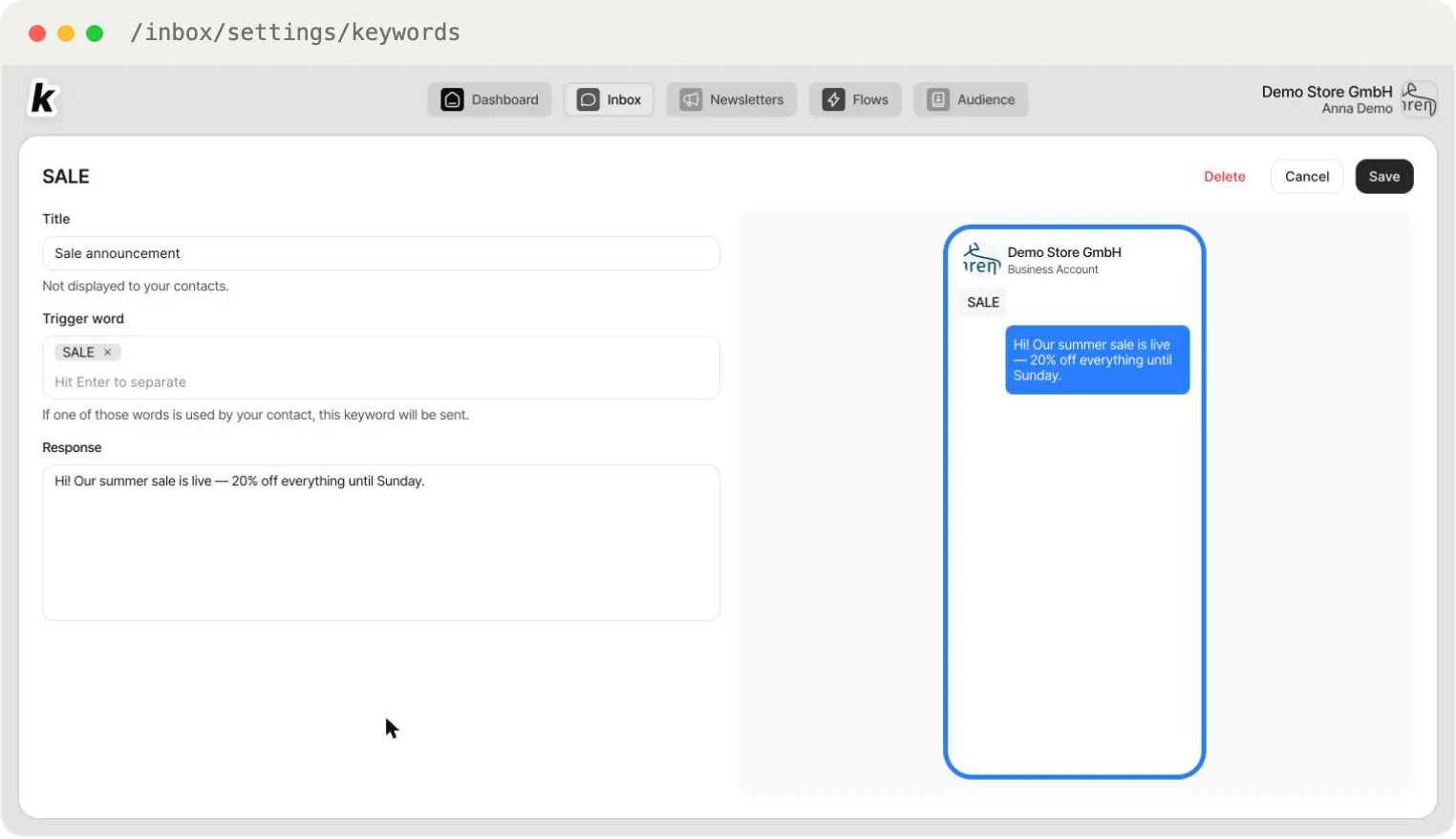 The Keyword Editor — title, trigger words and response next to the live WhatsApp preview