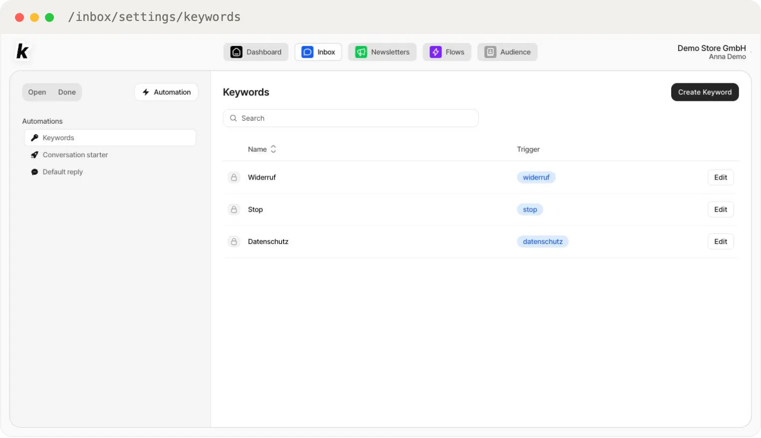 The Keywords overview — the three system keywords with lock icons cannot be deleted