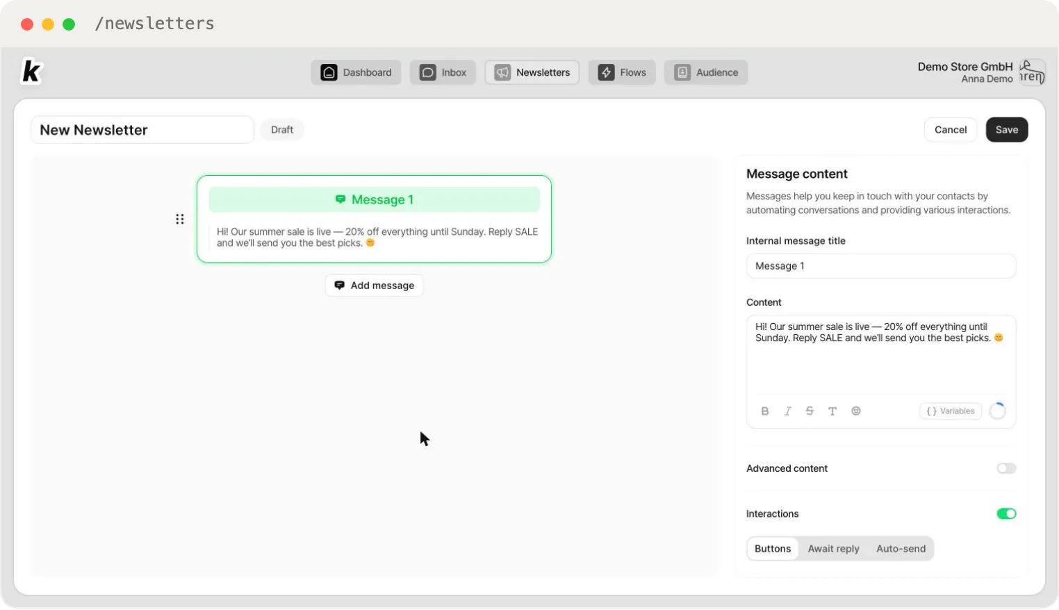 The Newsletter Builder — messages on the canvas, content and interactions in the panel on the right