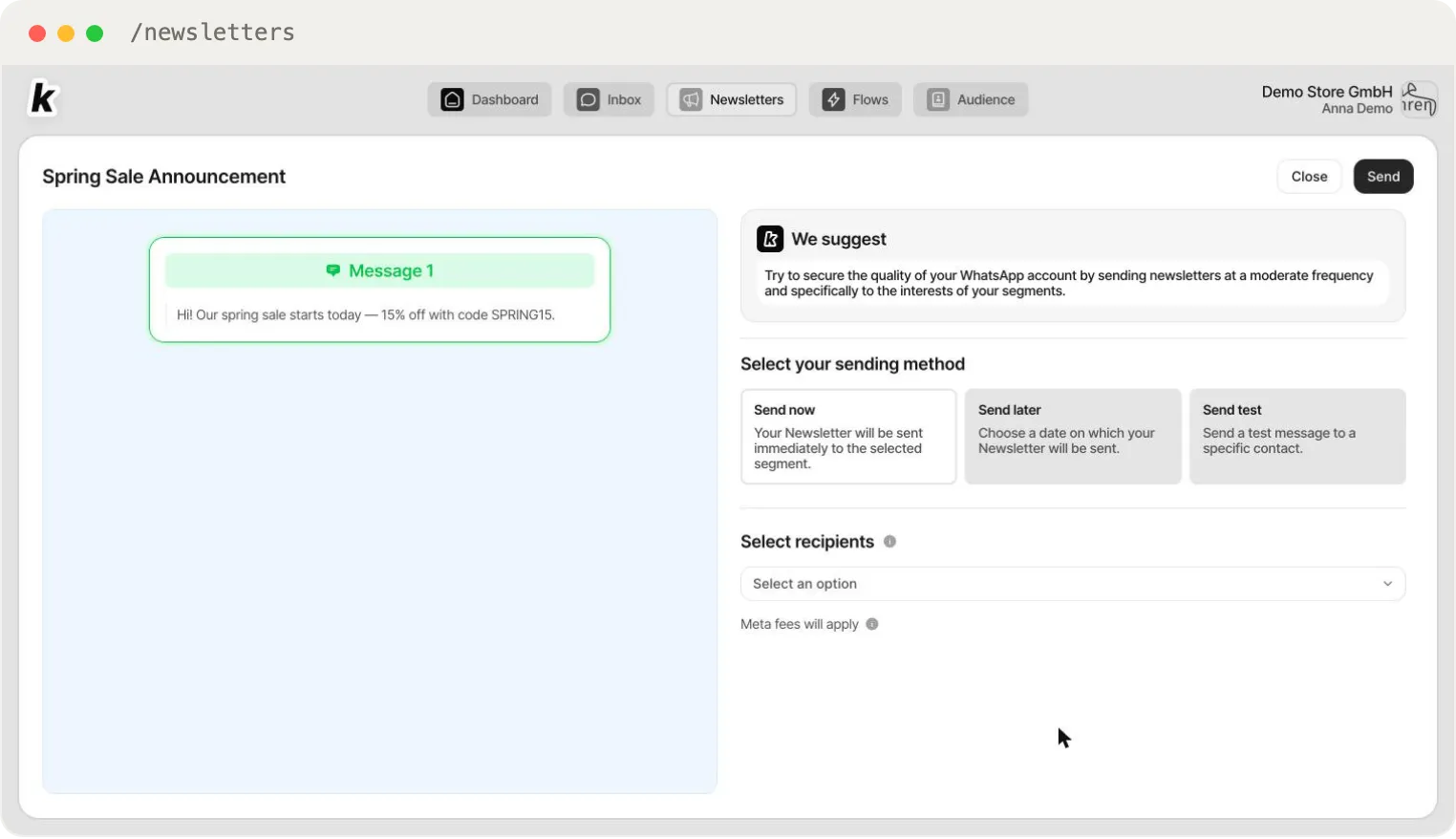 The send panel — Send now, Send later or Send test, recipients and the Meta fee notice