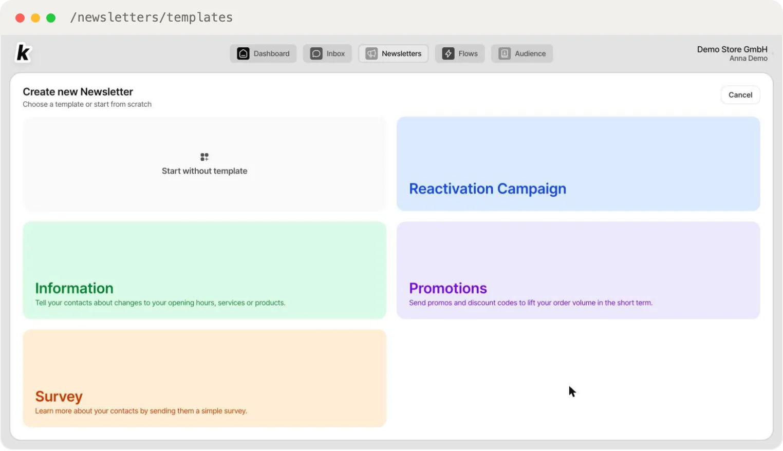 The template selection — pick a pre-built newsletter template or start from scratch