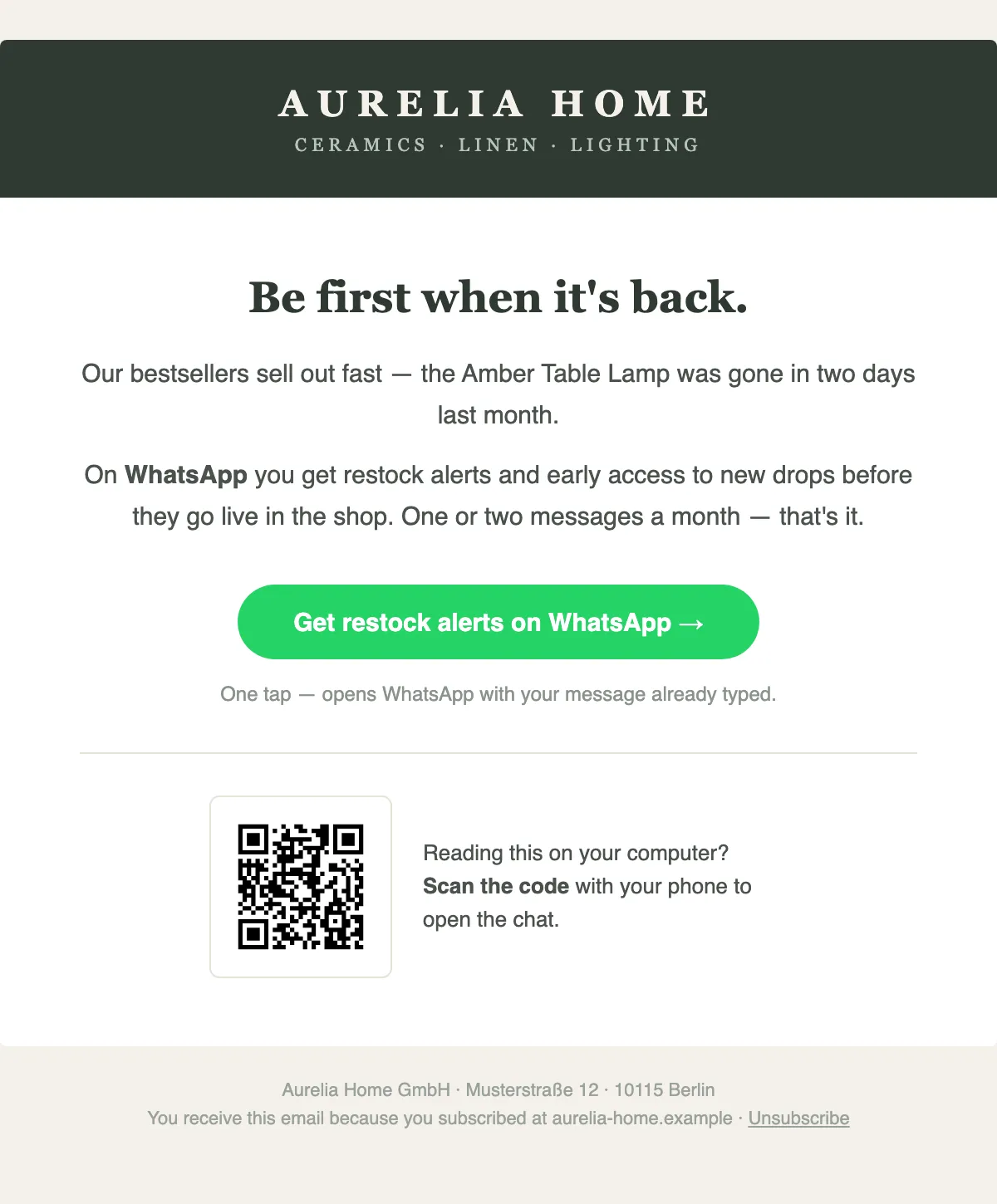 Example shop newsletter promoting the WhatsApp channel — benefit-first button as the main CTA, QR code for desktop readers