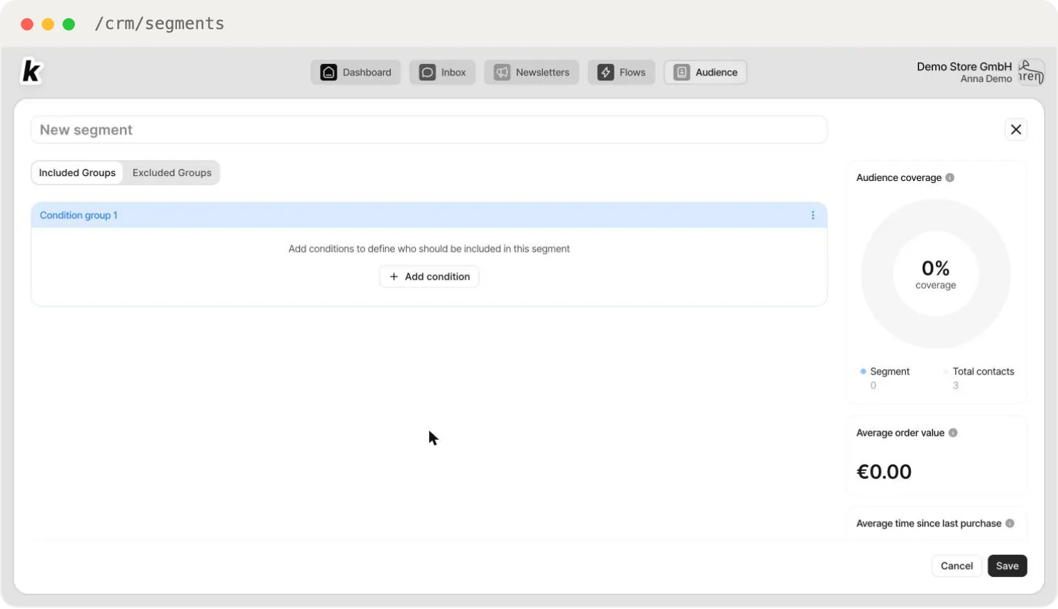 The Segment Builder — condition groups on the left, live audience coverage on the right