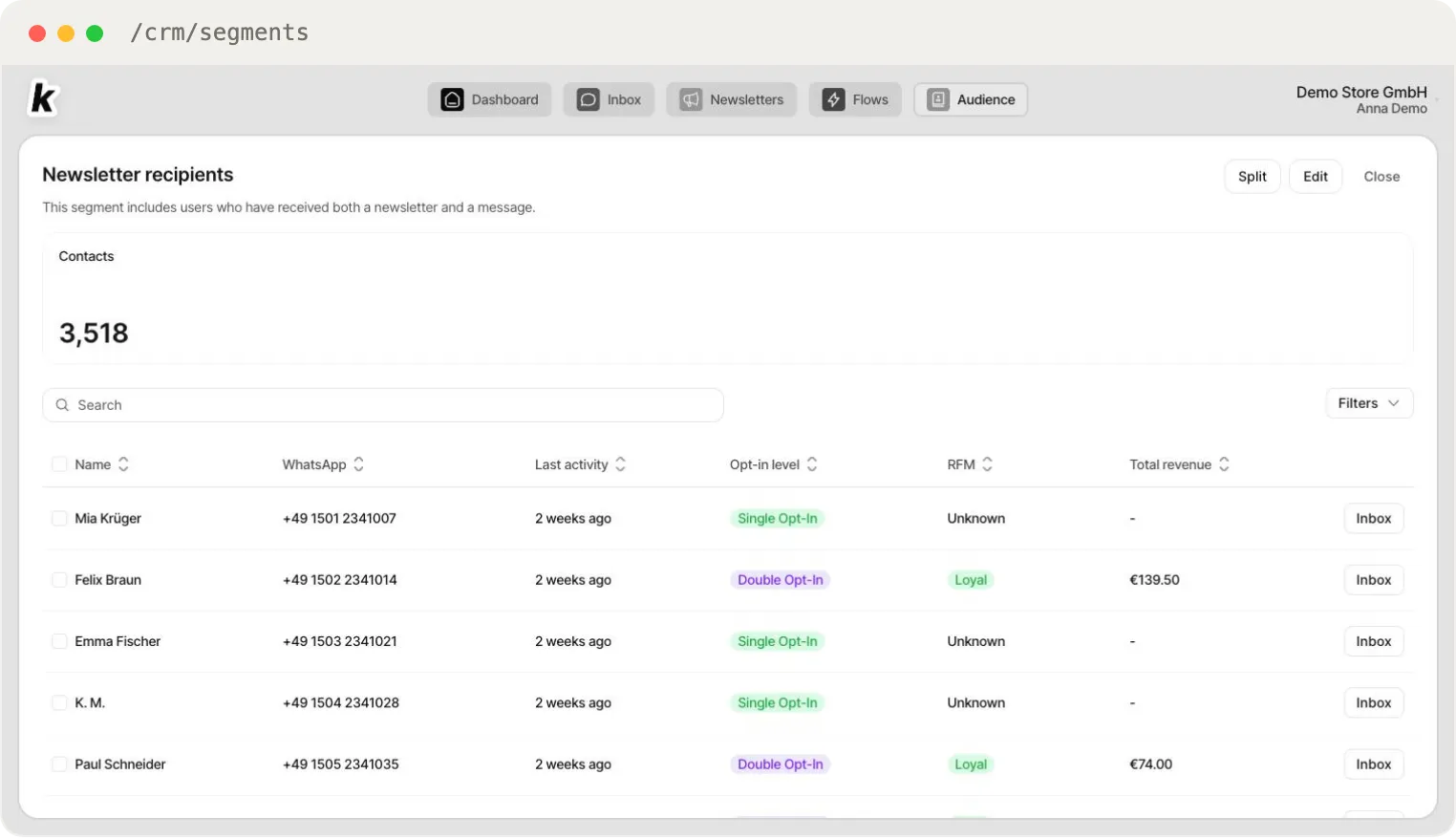 A segment's detail view — contact count and the contact list with Filters, Split and Edit